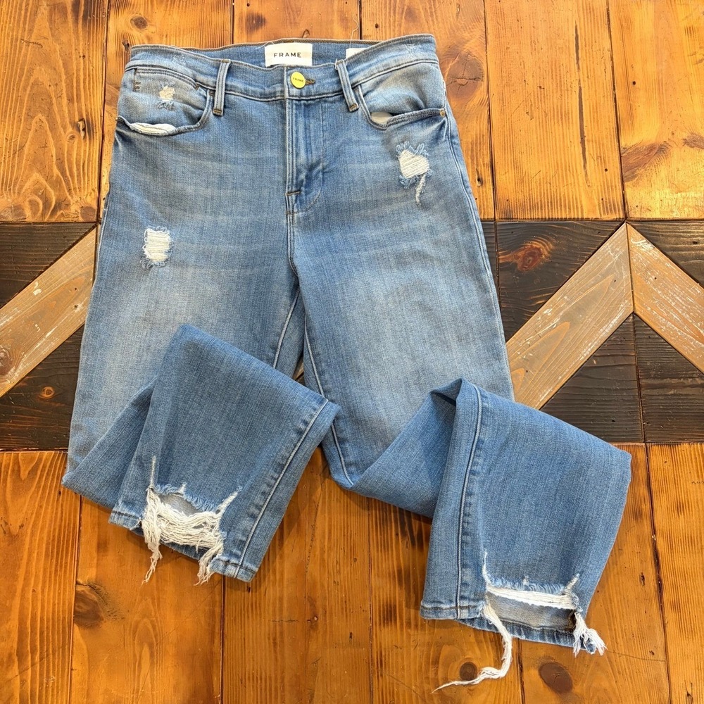 FRAME Le High Straight Jeans Light Wash Distressed Raw Hem Women 26 Crop Ankle